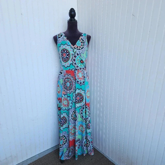 ZATTCAS Women Multicolor Geo Floral Sleeveless Maxi Dress Pockets Stretch Aqua L - Picture 1 of 12